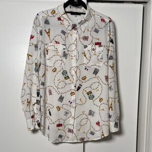 Karl Lagerfeld White Button-Down Shirt with Multicolor Travel Motif